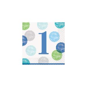 Unique Party 73302 - Tovaglioli di Carta - 16,5 cm - Pois Blu 1° Compleanno  - Confezione da 16 