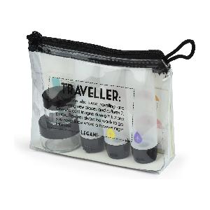 Legami - Traveller Set, Set da Viaggio, 15x11 cm, in Plastica, TPU, 1  Spatola, 3 Flaconi e 2 Barattoli Vuoti Conformi alle Norme Aeroportuali e  un Foglio di Etichette Plastificate Personalizzabili 