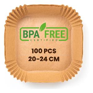 PORTENTUM Carta forno per friggitrice ad aria 100 pezzi Food-Grade BPA Free  20 x 20 x 4,5 cm Carta Air Fryer Quadrata - Ideale per una cottura sana 
