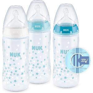 NUK First Choice+ set biberon, 0-6 mesi, Controllo temperatura, Sfiato  anti-coliche, Senza BPA, 300 ml, Tettarella in silicone, stelle blu, 3  pezzi 