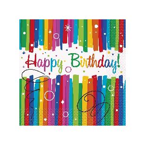 Unique Party 49561 - 13 cm Tovaglioli di Carta per Compleanno con Nastri  Arcobaleno, Confezione da 16 