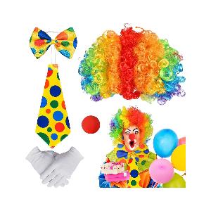 BGTLJKD 5 Pezzi Accessori per Costumi Clown, Set di Costumi da Clown,  Parrucca Clown, Naso da Clown, Cravatta e Guanti da Clown, Papillon Clown,  Costume da Pagliaccio Unisex, Cosplay di Carnevale 